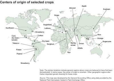 This map shows the sites of domestication for a number of crops. Places where crops were initially domesticated are called centers of origin